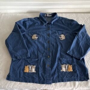Passion Blue Denim Cat Embroidered Button-Up Blouse Women's Size L Long Sleeve